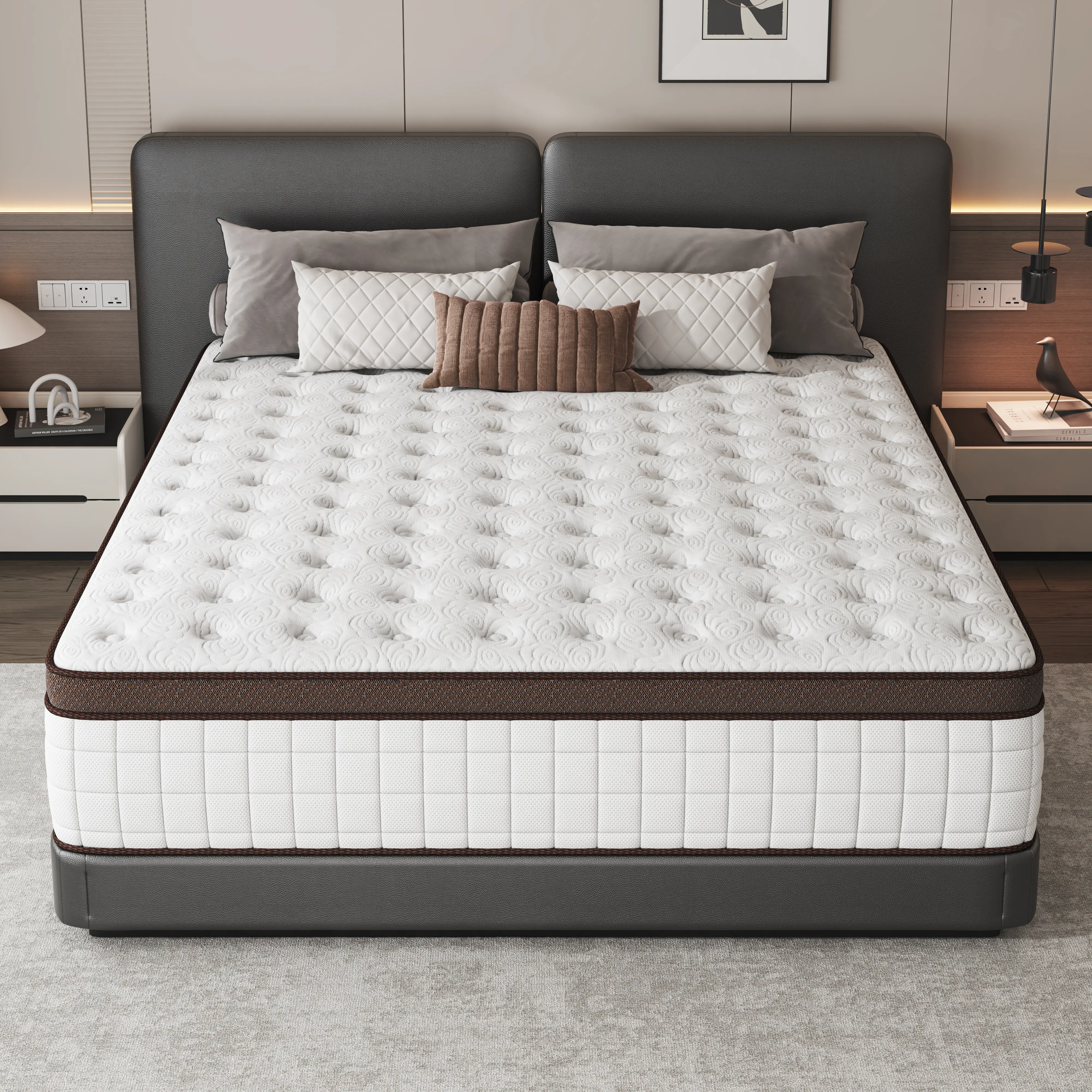 Queen Size 12/14 in Hybrid Memory Foam-Spring Mattress - Medium Firm, Ergonomic Lumbar Support, Body Alignment, Hotel Style, Anti-Allergic, Cotton, Rejuvenating Coil, Boxed Home Furniture Gift, Queen Size Mattresses