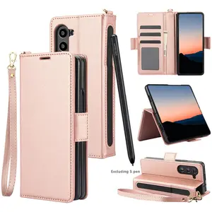 PU Leather Phone Case Cover with Lanyard & Pen Holder, 1 Count Kickstand Phone Case with Card Slots, Mobile Phone Case for Samsung Galaxy Z Fold 6 5 4 3