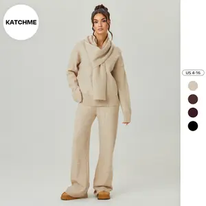 KatchMe Women's Slouchy Long Sleeve Sweater with Scarf & Wide Leg Trousers Co-ord, Minimalist Two Piece Outfits, Cozy Solid Color Going Out Set