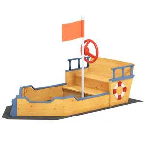 Natural Wood Pirate Ship Sandbox for Toddlers Steering Wheel Life Ring Hidden Storage Under Seat Armrest Backrest for Daycare Preschool Patio Camping Trip