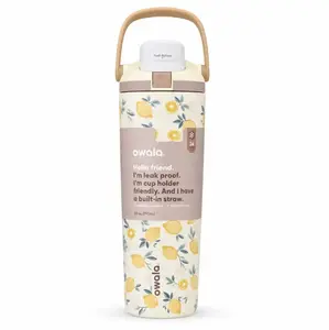 Owala 30oz FreeSip Sway Lemon Print Vacuum Insulated Tumbler, Leakproof Lockable Lid Travel Grip Water Bottle, Dual Sip & Swig Spout Stainless Steel Drinkware, Perfect Holiday & Summer Gift for Women
