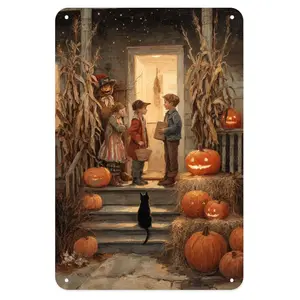 Halloween Night Tin Sign, Vintage Trick Or Treat Metal Sign Print Aesthetic Room Decoration for Home Bedroom Kitchen Bar Coffee Bathroom Indoor Outdoor Wall Decor, 8 X 12 IN