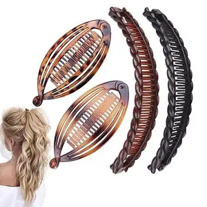 Brown Banana Hair Clips 4pcs Hair Clips Vintage Clincher Combs Tool for Thick Curly Hair Accessories Fishtail Double Banana Clip Set for Women Girls