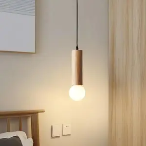 Milk white ball glass natural wood cylindrical pendant light - Mini milk white ball glass pendant light compatible with G9 bulb, suitable for bedroom, bedside, headlight, study pendant light