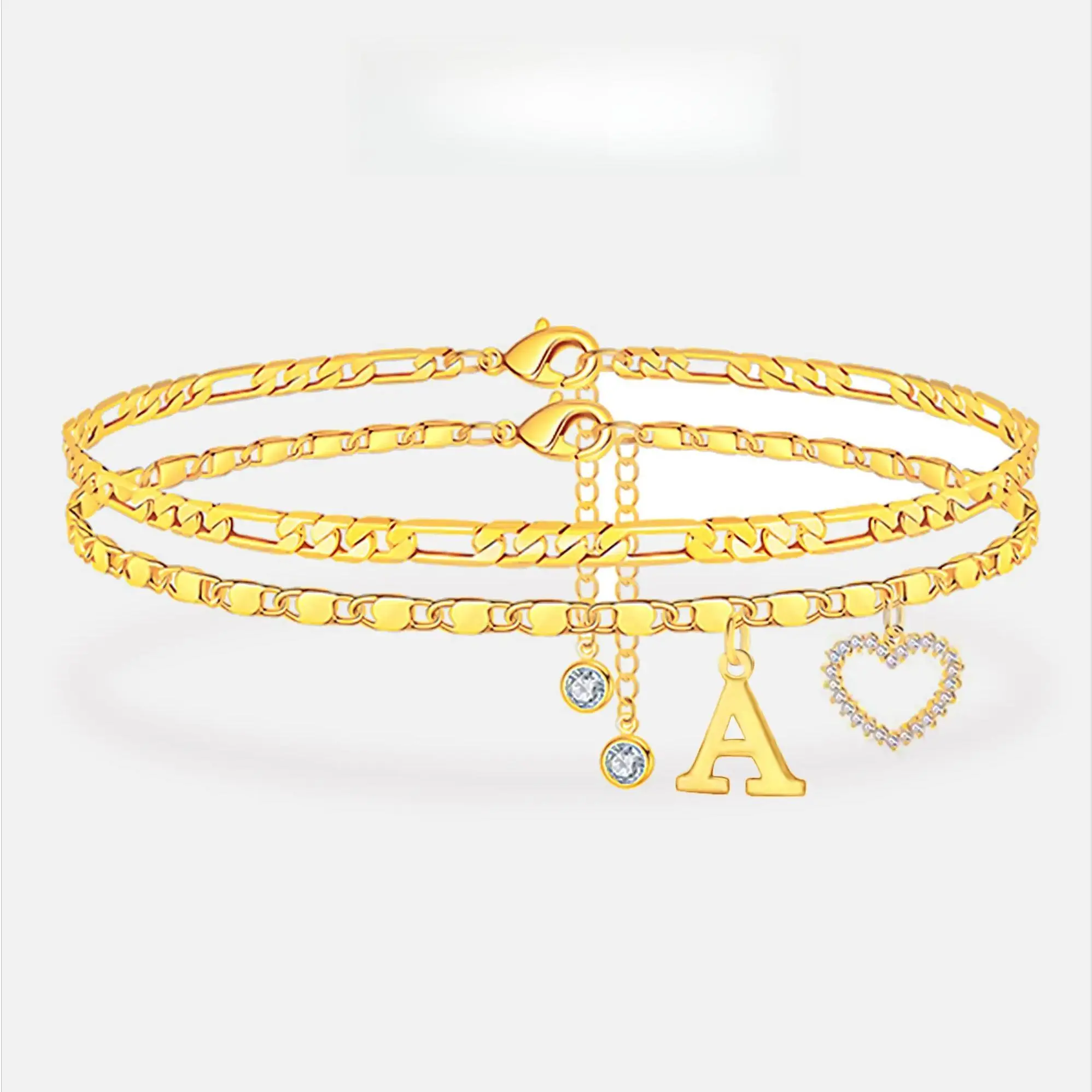 Women's Double Chain Anklets - 26 Letter Gold Chain Style Fashion Anklet, Adjustable Heart Shaped Pendant Ankle Bracelet, Summer Jewelry Valentine's Day Gift for Outdoor Fun, Anklets For Women