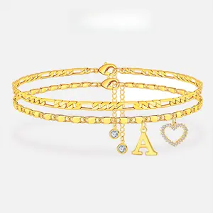 Double Layer 26 Letter Gold Chain Anklet, Heart Shaped Pendant Adjustable Ankle Bracelet, Summer Fashion Jewelry Valentine's Day Gift for Women outdoorfun