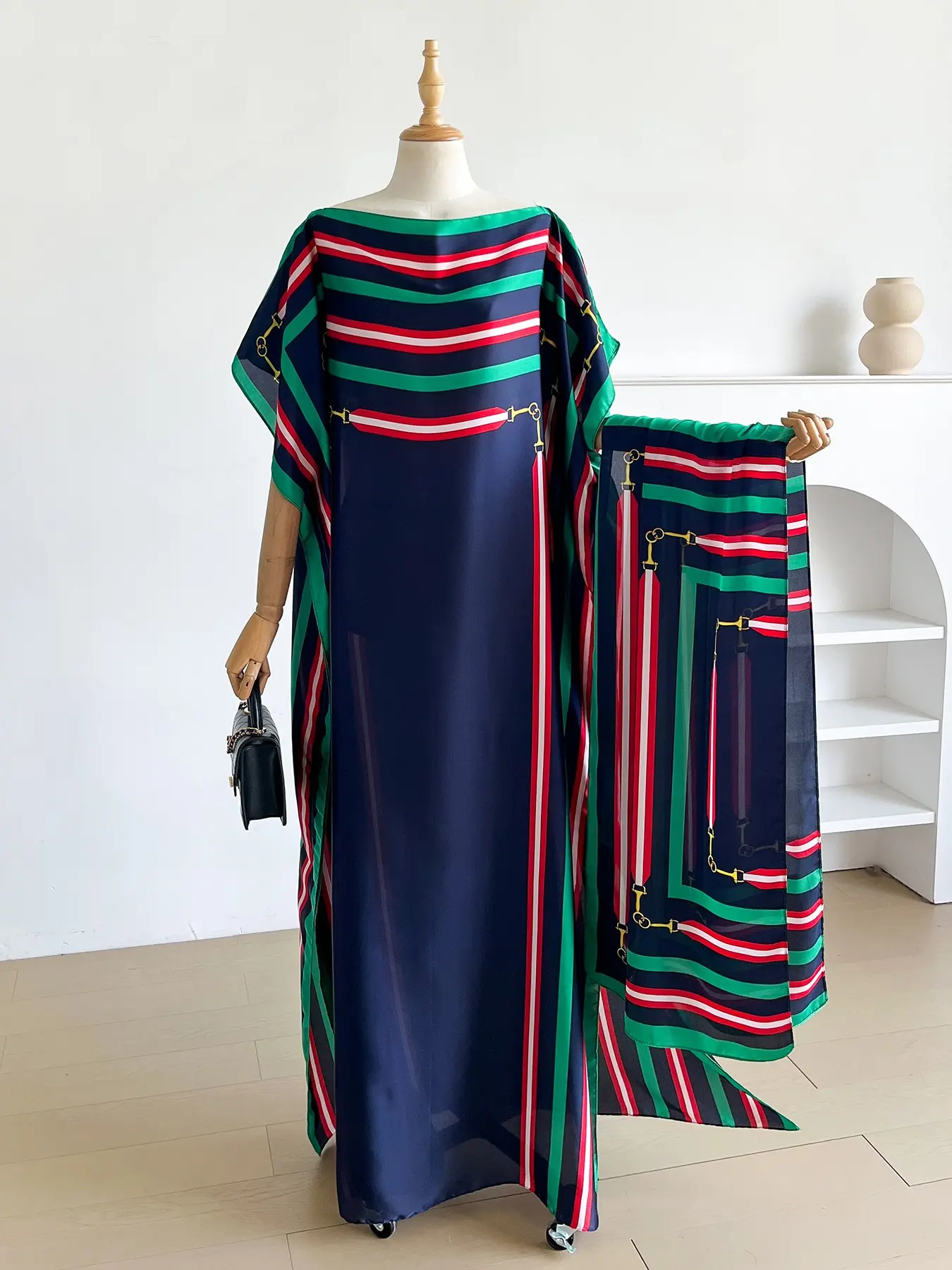 Fashionable Elegant Simple Batwing Print Robe Set, Moomoo Long Dress + Scarf Headband, Women's Beach Sun Protection Silk Shawl, All Seasons Outfit