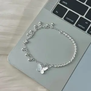 S999 Butterfly Bracelet — Featuring a Hand-Woven Twisted Cord and Draping Beaded Chain Design; a Sterling Silver Butterfly Pendant Bracelet—A Romantic, Ethereal-Style Jewelry Gift.