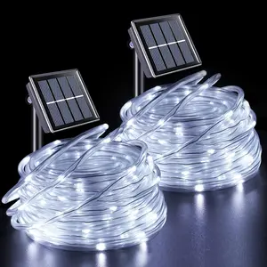 Solar Rope Lights Outdoor Waterproof, 2 Packs Each 33ft 100 LED String Lights, 8 Modes Fairy Lights in Clear Thin Tube(White)