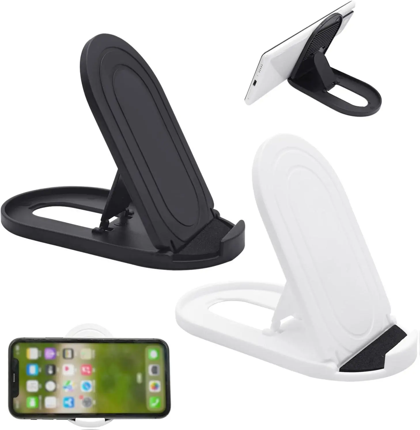 TechGuru 2-Pack Foldable Compact Smartphone Stand, Portable Adjustable Angle Flexible Phone Holders & Mounts, Desktop Cradle for Cellphones, Tablets (iPhone, Samsung Galaxy, iPad) - 2 Colors Black & White