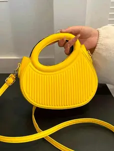 Fashionable Classic Niche Design Gentle Women's Commuting Date Shoulder Crossbody Bag - Butter Yellow Round Crossbody Bag with Striped Embossed Texture, Double Top Handles, Adjustable Strap, Fashionable and Versatile for Daily Wear