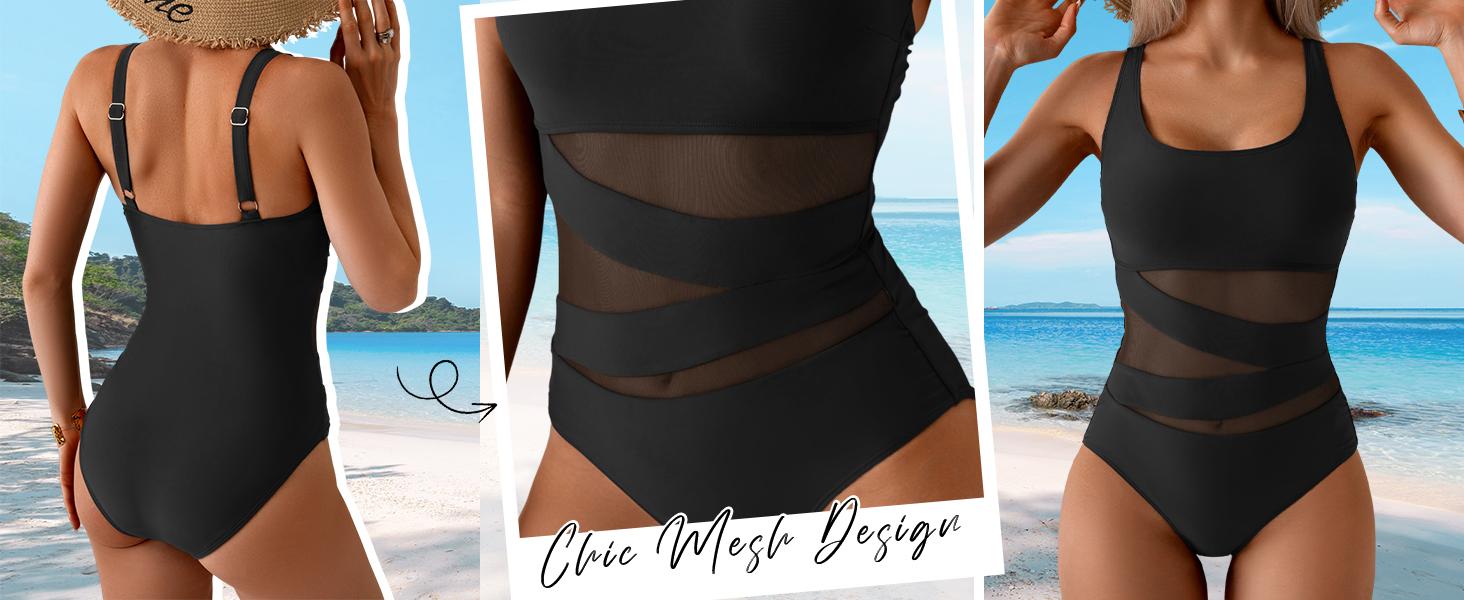 B2prity Women's Mesh One Piece Swimsuit Tummy Control Sexy Bathing Suit Push Up Swim Suit Slimming Swimwear