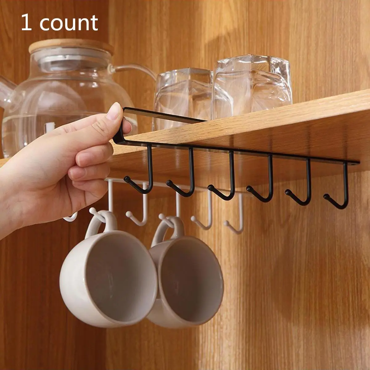 (without Screws) Wall Mounted Cup Organizing Hook Shelf, 1 Count Multifunctional Under Cabinet 6 Hooks Cup Storage Holder Rack, Home Organizer for Kit