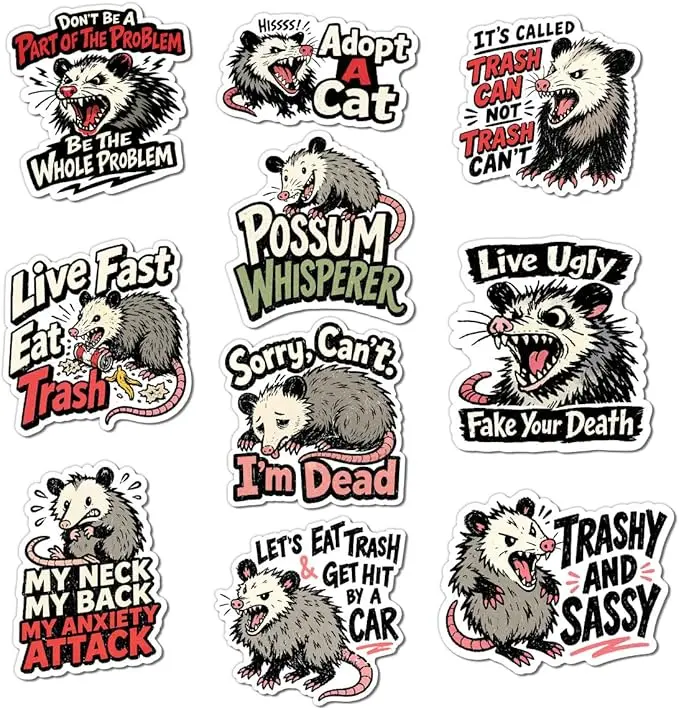 10pcs-Podagree Opossum Stickers Funny Animal Trash Humor Meme Decal Pack | Opossum Stickers, Funny Animal Vinyl Decals, Trash Animal Quotes, Gifts For Opossum Lovers, Wildlife Fans, Animal Collectors