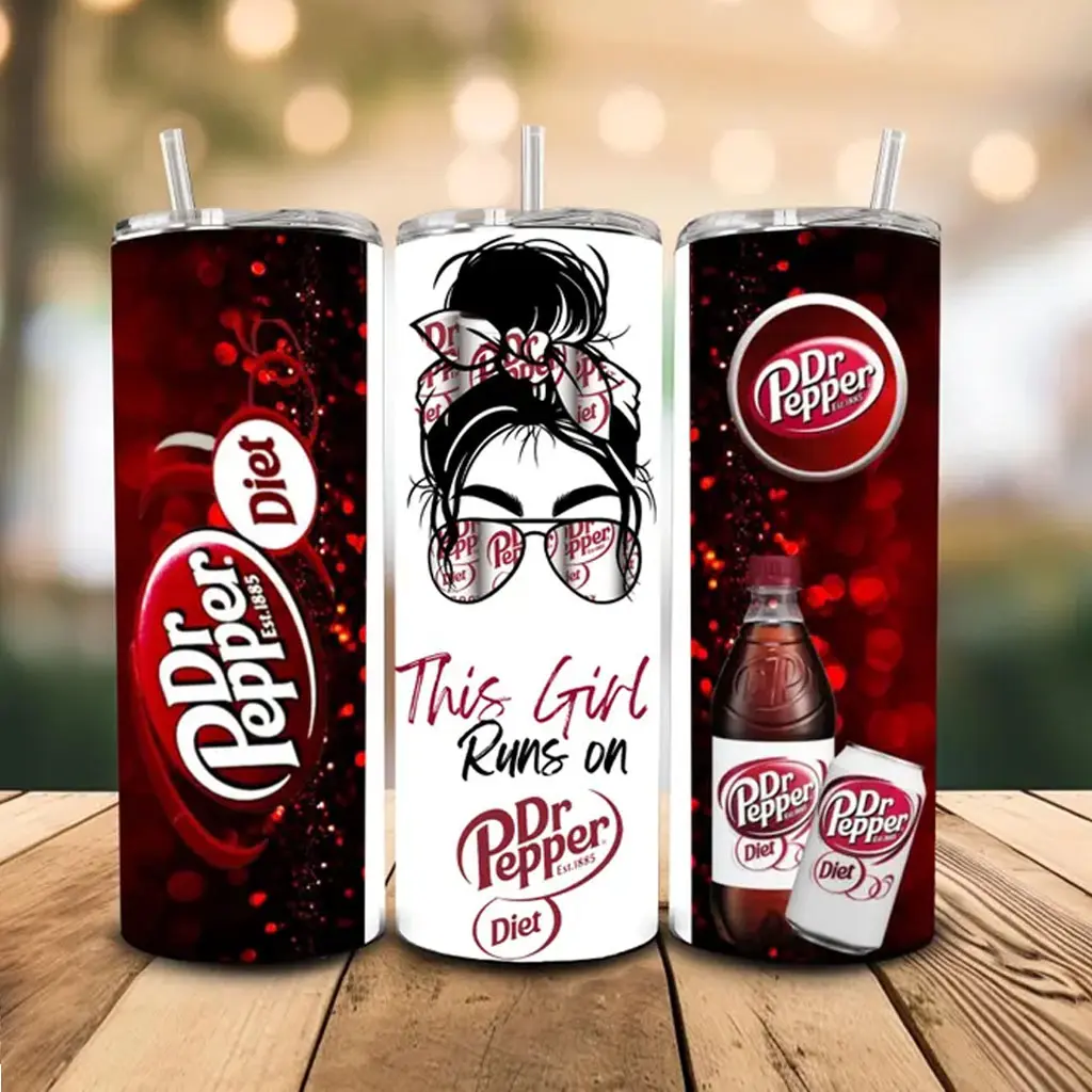 20oz Dr Pepper Diet Stainless Steel Skinny Tumbler - Printed "This Girl Runs On Dr Pepper" Insulated Glitter Red Straight Cup With Straw & Lid, Cute Soda Lover Reusable Drinkware, Trendy Gift For Women