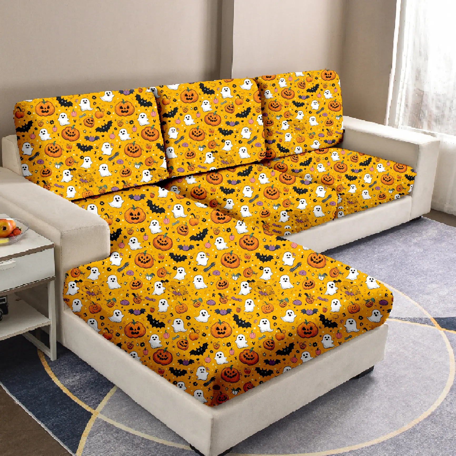 Halloween Milk Silk Fabric Anti-Slip Elastic Sofa Cushion Cover, Digital Print, Fits Single Double Three Seater L-Shaped Couches, Elastic Sofa Slipcover, Washable Sofa Slipcover, Stretchable Sofa Cover
