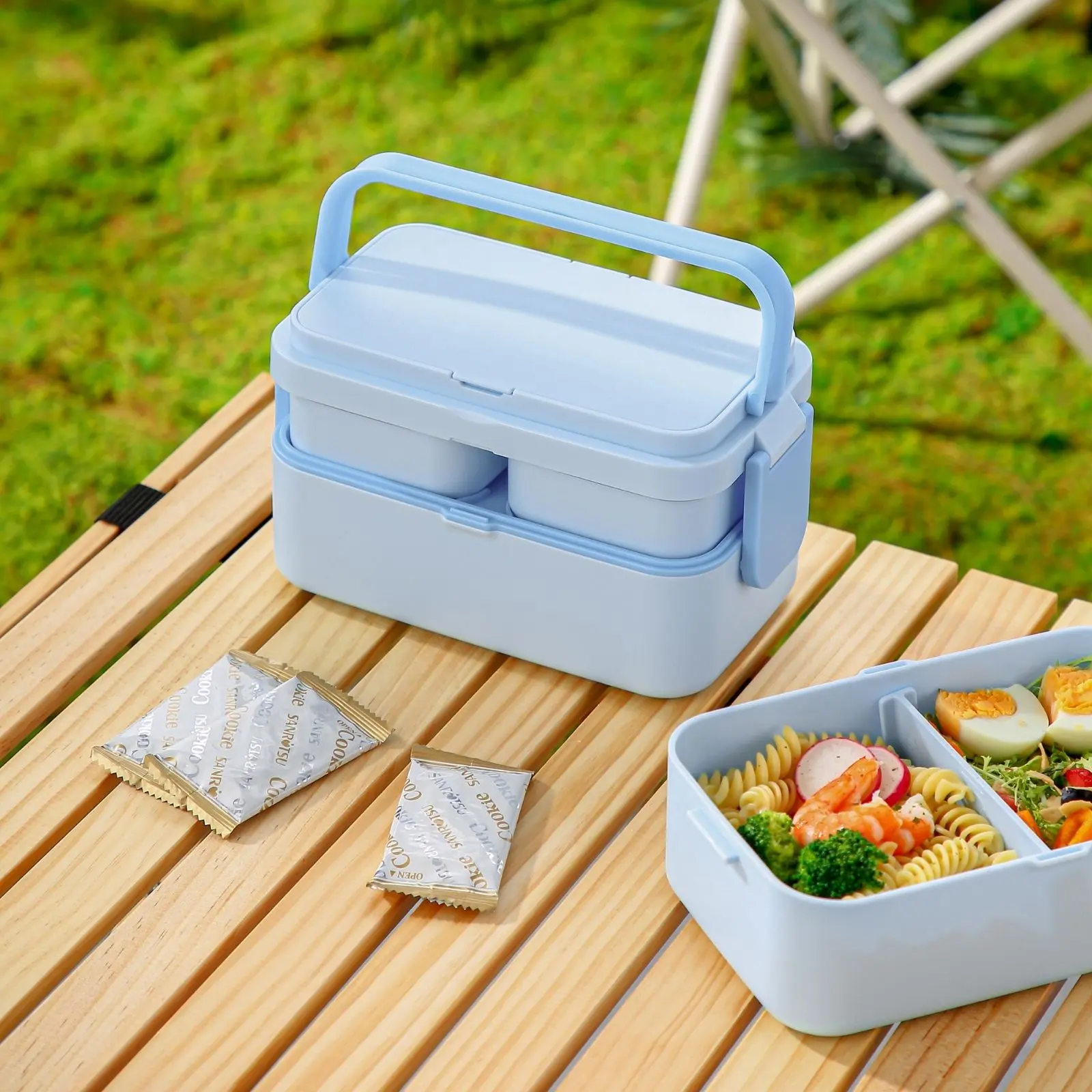 Bento Box with Spoon Fork, Stackable 2 Layer 3 Compartments Leak Proof Lunch Box, Meal Prep Container Box for Adults Kids Students Office Microwave Dishwasher Safe