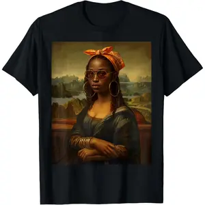 Men's Daily Short Sleeve Classic Top Black Mona Lisa Afro Braids African American Bandana Bangles T-Shirt