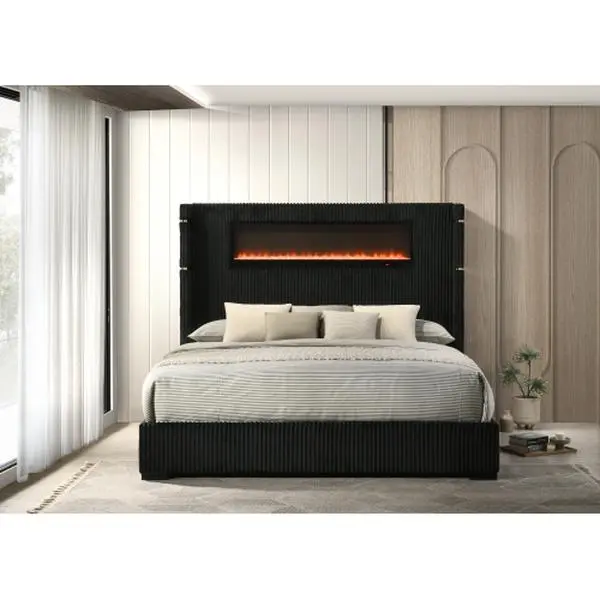 Garner Black & Gray Corduroy Queen Bed Frame with Fireplace, LED Light, Reading Light, Bluetooth Speaker, and USB Ports