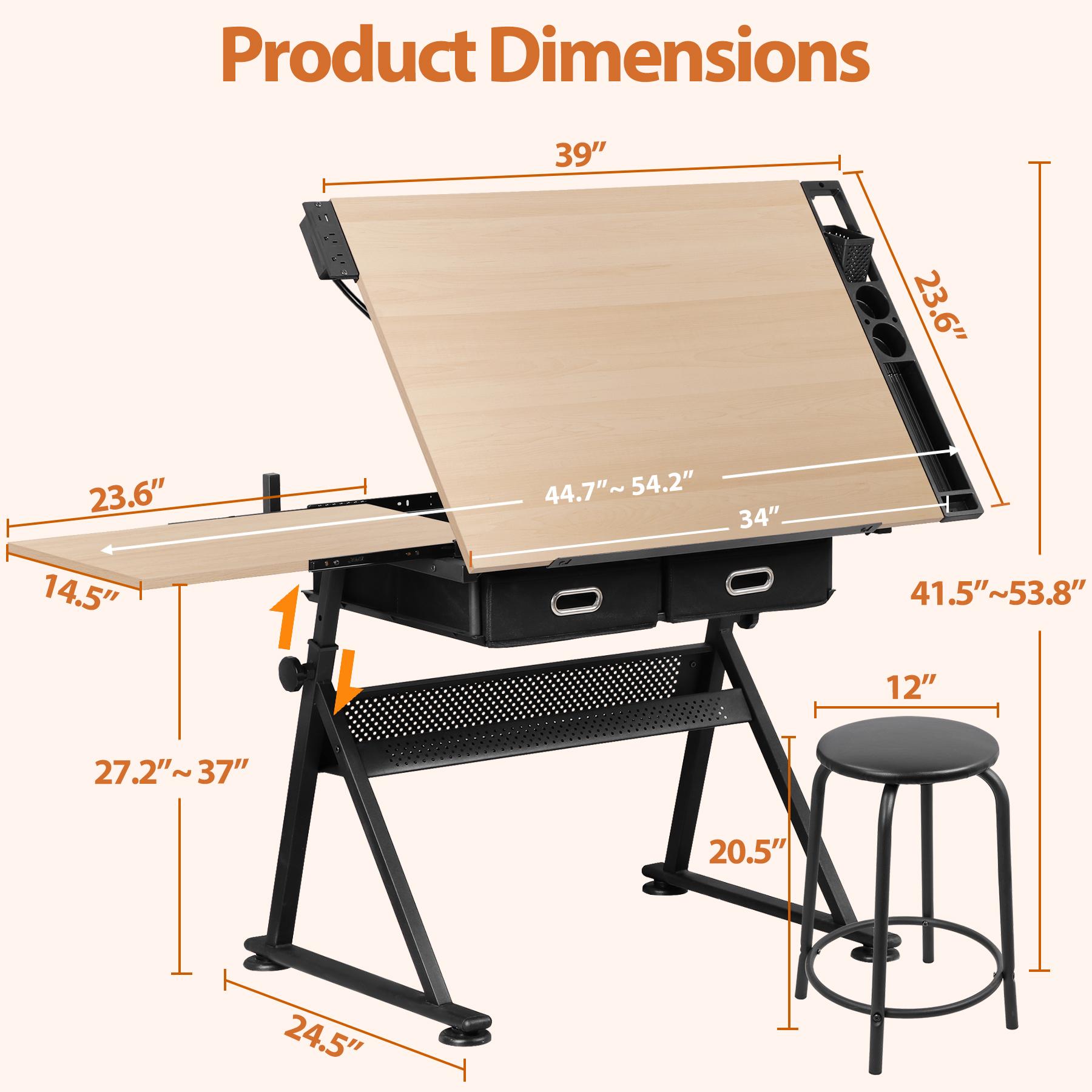 LEMY Adjustable Drawing Table - Ergonomic Art Desk with Storage Drawers, Shelf & Stool, Height and Angle Tilting Wood & Steel Drafting Table
