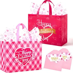 13" Valentine Gift Bags with Tissue Paper,2  Reusable Valentines Bags with Handles for Anniversary,Valentines Day and More,Heart Pink Gift Bags Valentines Day Gifts