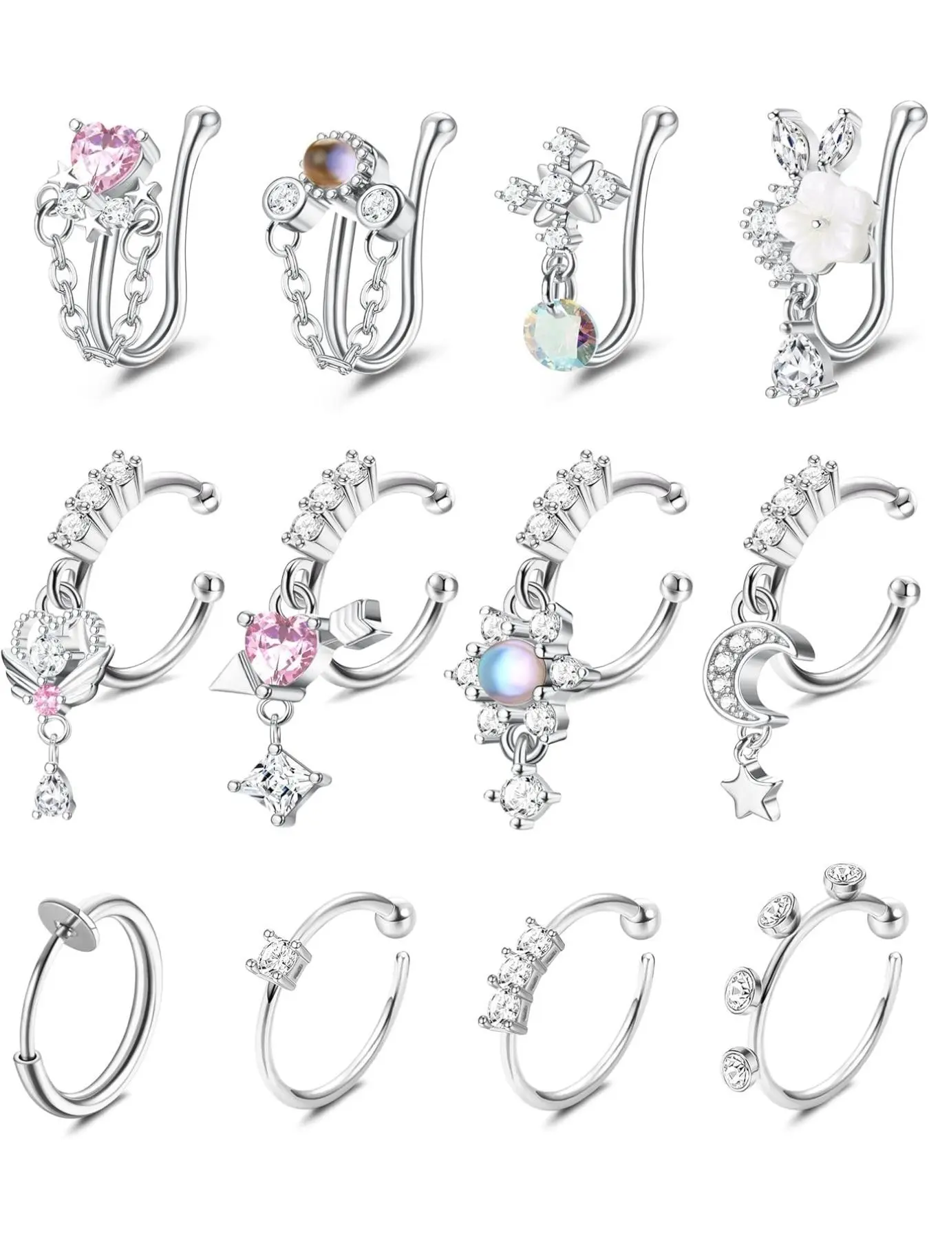 Nose Cuff Fake Nose Ring Hoop Clip on Nose Ring CZ Dangle Fake Nose Rings Cartilage Tragus Ring Nose Cuff Non Piercing Jewelry for Women Men