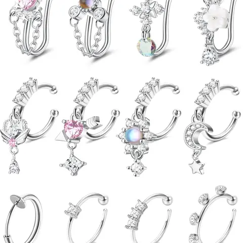 Nose Cuff Fake Nose Ring Hoop Clip on Nose Ring CZ Dangle Fake Nose Rings Cartilage Tragus Ring Nose Cuff Non Piercing Jewelry for Women Men