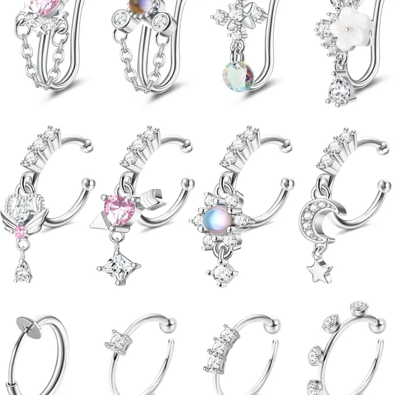 Nose Cuff Fake Nose Ring Hoop Clip on Nose Ring CZ Dangle Fake Nose Rings Cartilage Tragus Ring Nose Cuff Non Piercing Jewelry for Women Men