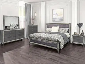 FM7240GY-4PC 4 pc Titania grey finish wood padded fabric headboard crystal accents trim queen bedroom set