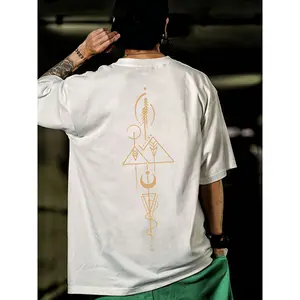 Men's Navy Blue Geometric Print Double-Milled T-Shirt - Breathable Short Sleeve Casual Summer Tee with Golden Design, Machine Washable Regular Fit, Warm Weather Clothing, Modern Design, Durable Construction, Printed Shirt, Trendy Men