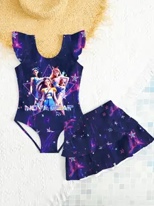Kpop Girls Two-Piece Swimsuit, Cartoon Print Bikini, Summer Beach Vacation Swimwear, Cute Ruffle Swim Dress