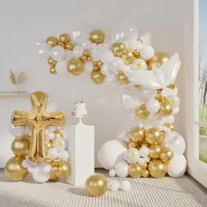 128-Piece First Communion Balloon Garland Kit with Cross Balloon, White & Gold Pearlescent Decor