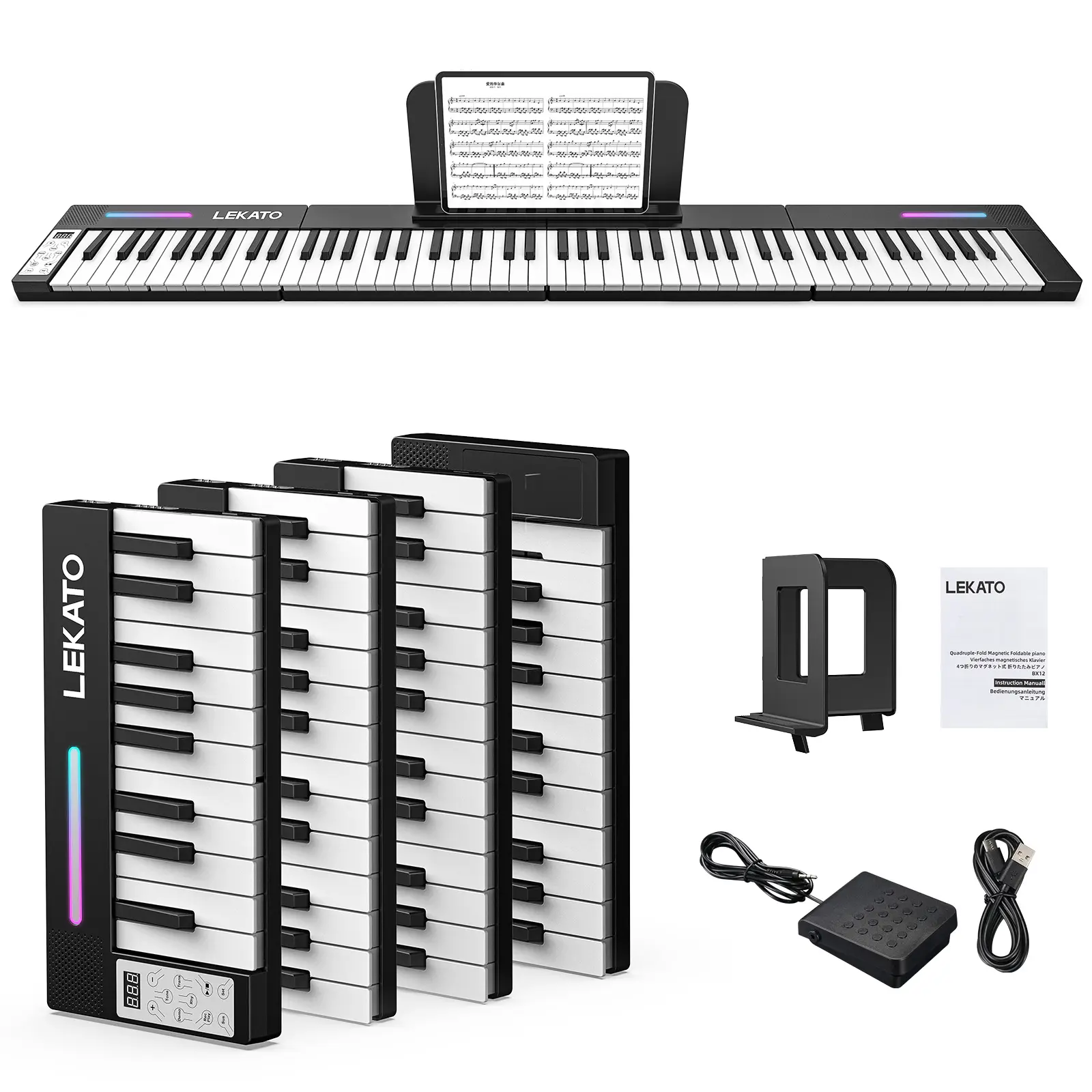 LEKATO Portable Folding Digital Electronic Piano Keyboard, 4-Piece Magnetic 88-Key Model with 128 Tones, 128 Rhythm, 21 Demo, Split, Dual Tone, Record, Bluetooth MIDI, Headphone Jack, USB for Beginners (Home, Travel), Digital Piano, Folding Piano