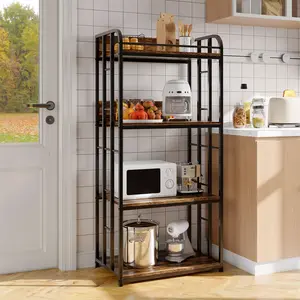 Garvee 4-Tier Bakers Rack for Kitchen with Storage, Industrial Microwave Stand Shelf with Power, Coffee Bar for Small Spaces, Free Standing Kitchen Storage Shelf Rack for Living Room