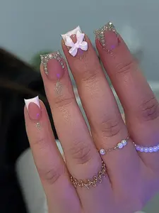 24Pcs Medium Square Press-On Nails | White French Tip with Rhinestone & Bowknot