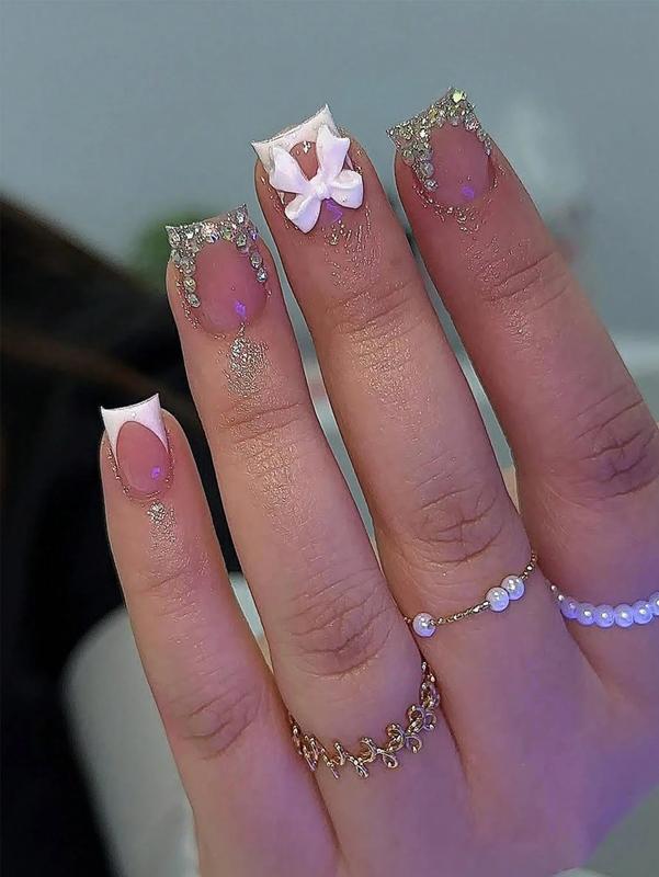 24Pcs Medium Square Press-On Nails | White French Tip with Rhinestone & Bowknot