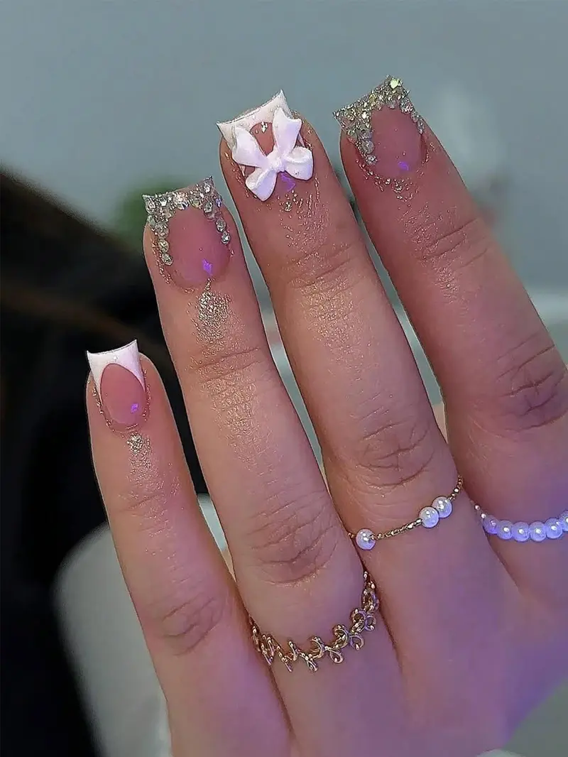 24Pcs Medium Square Press-On Nails | White French Tip with Rhinestone & Bowknot