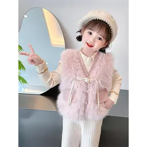 Girls' Thickened Winter Vest Jacket - Soft Pink Plush & Zipper Closure, Cozy Polyester Sleeveless Coat with Ruffled Collar & Waist Tie, Casual Elegant Outerwear for & Little Girls (Spring/Autumn) - Easy-Care Durable Design