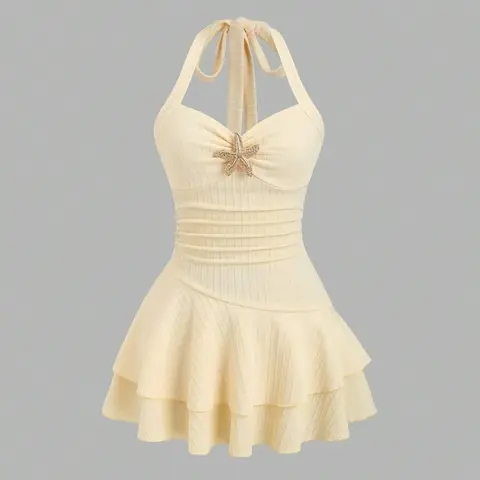 Women's New Summer Halter Neck Sleeveless Metal Decor Layered Ruffles Cute Mini Dress for Beach Vacation