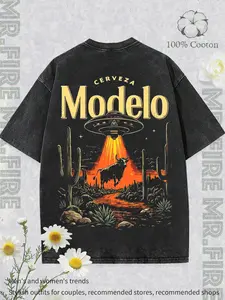 Mexico Modelo beer-themed T-shirt; Western desert iconic symbol/UFO retro illustration graphic T-shirt; Western cowboy culture “bull” parody design with a vintage poster background outfit.