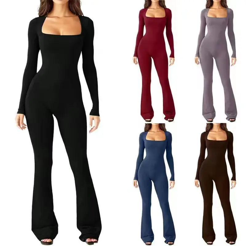 Long-sleeved tummy- controlling waist-lifting square-neck wide-leg high-elastic jumpsuit Comfort Comfortable Womenswear Underwear Elegance