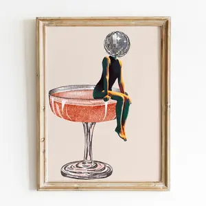 Disco Ball Head Poster, Funky Disco 70s Print Poster