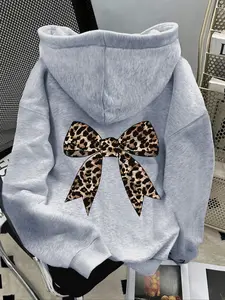 Women's Hooded Sweatshirt, Knit, Fashion Street Style, Leopard & Bowknot Design, Casual Fall Winter Wear, Vintage Preppy Look