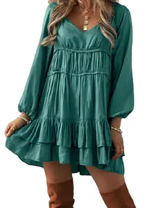 Mist Green Tiered Ruffled Puff Sleeve Loose Fit Mini Dress Arrives in 12 to 15 days Casual Comfort Short Womenswear Feminine Slim Summer Fabric Lightweight elegant  dresses bubble  dress capri  sun
