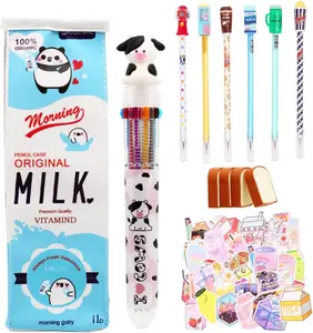 67-Piece Blue Kawaii School Supplies Set: Milk Carton Pencil Case, Multicolor Pen, Eraser, Stickers, & Pens