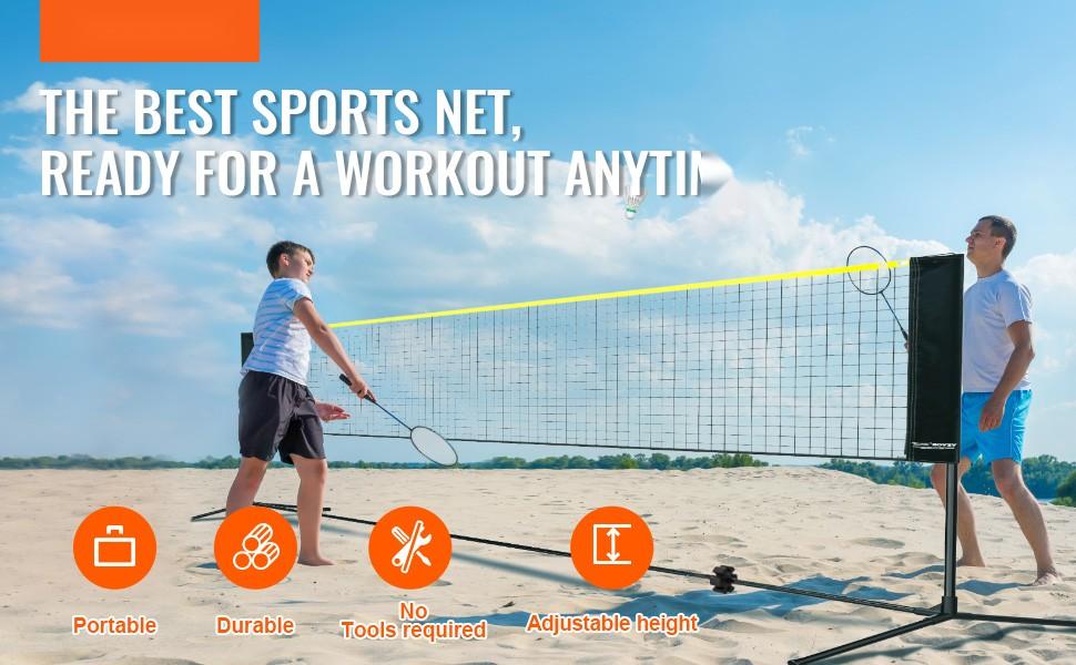 Height Adjustable 20ft Wide Portable Sports Net Set For Badminton, Volleyball, Pickleball And Tennis — Foldable Net With Poles, Stand, Carry Bag, Rackets, Nylon Shuttlecocks, Suitable For Backyard, Indoor And Outdoor Use Height Adjustable 20ft Wide Portable Sports Net Set For Badminton, Volleyball, Pickleball And Tennis — Foldable Net With Poles, Stand, Carry Bag, Rackets, Nylon Shuttlecocks, Suitable For Backyard, Indoor And Outdoor Use