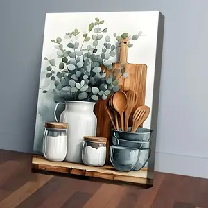 2D Flat [Hanging Art]1pc French Country Farmhouse Canvas Art with Easter Eggs & Daisies – Natural Wooden Frame, Ready to Hang, Perfect for Kitchen, Living Room, or Bedroom Decor, Ideal Easter & Housewarming Gift, Rustic Farmhouse Decor