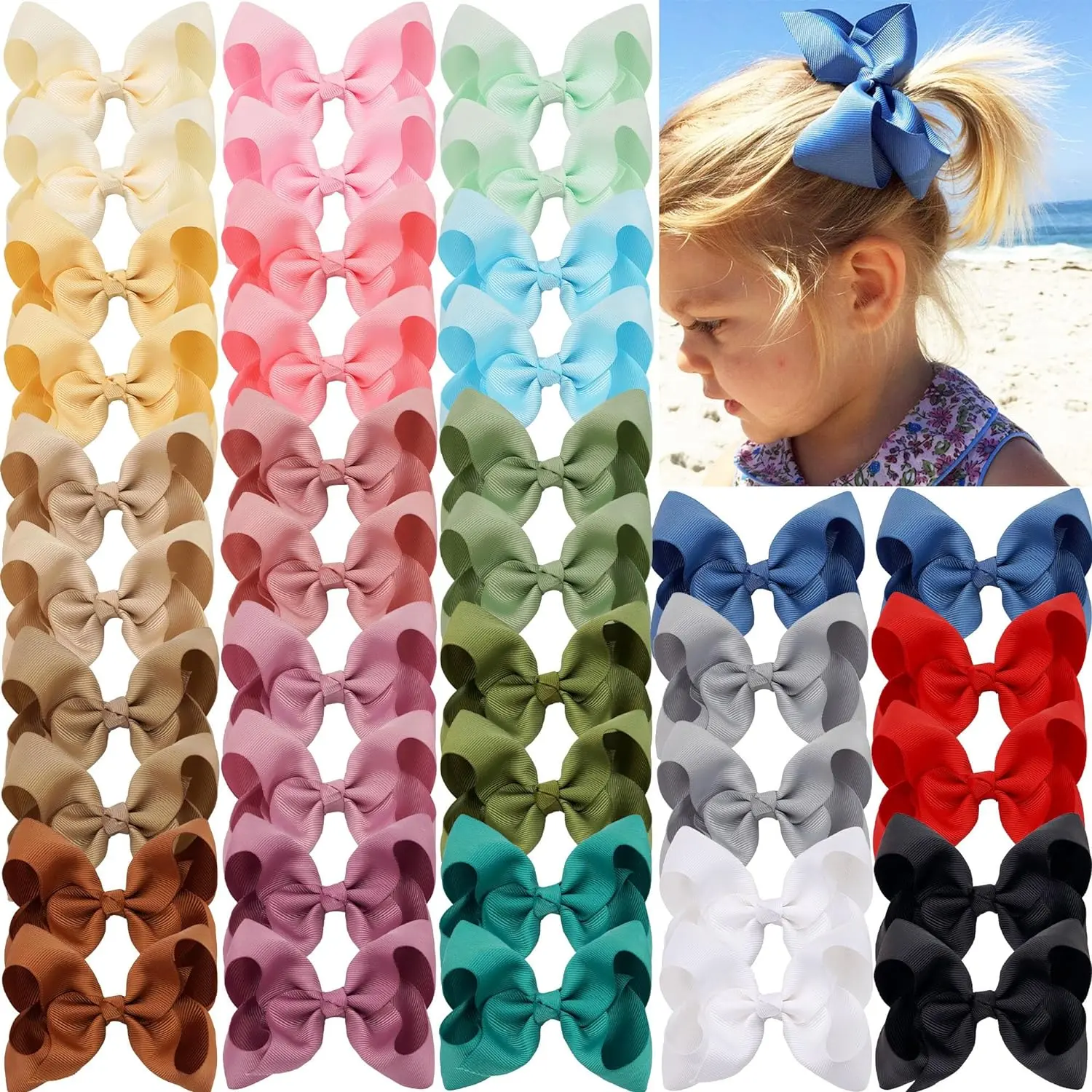 Girls' Hair Clip Set - 40-Count 4.5 in Bow-Shape Synthetic Grosgrain Ribbon Barrettes, Heat-Sealed Back to School Hair Accessories (20 Pairs of Assorted Modern Colors)
