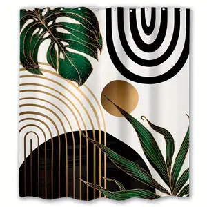 Abstract Leaf & Moon Pattern Waterproof Shower Curtain, Modern Watercolor Design Bathroom Curtain, Bathroom Accessories for Home Decor