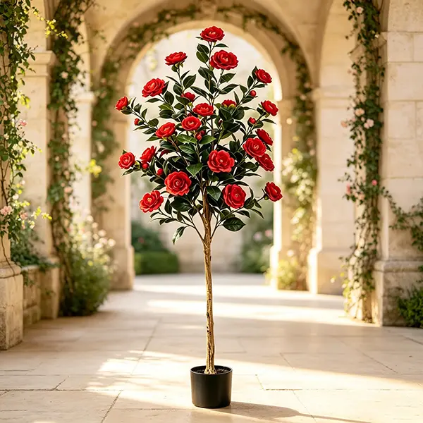 5.3FT Artificial Red Camellia Tree, 63 Inch Lifelike Faux Flower Tree Potted, Real Touch Fake Camellia Plant for Living Room Entryway Porch Indoor Home Decor